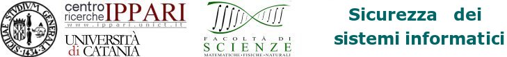 Loghi istituzionali: Siciliae Studium Generale 1434, Centro ricerche IPPARI, Università di Catania, Facoltà di Scienze Matematiche, Fisiche, Naturali, Insegnamento di Sicurezza dei sistemi informatici