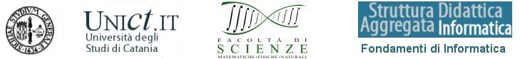 Loghi istituzionali: Siciliae Studium Generale 1434, Università di Catania, Facoltà di Scienze Matematiche, Fisiche, Naturali, Struttura Didattica Aggregata Informatica, Insegnamento di Fondamenti di Informatica