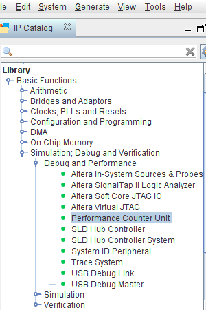 Performance Counter Unit IP Core in the Qsys IP Catalog