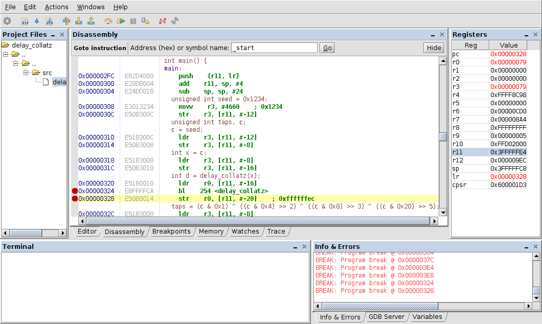 execution snapshot of an ARM program under control of the GDB debugger within the Monitor Program