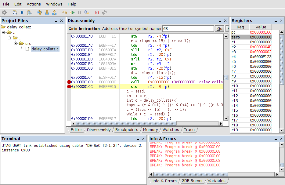 execution snapshot of a Nios II program under control of the GDB debugger within the Monitor Program