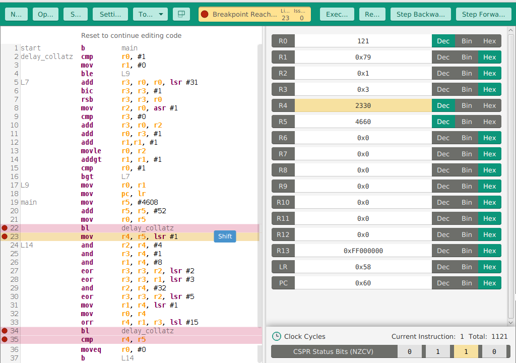 a snapshot of VisUAL emulation of the delay_collatz.s ARM assembly program