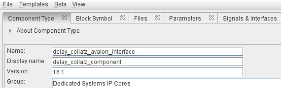 definizione del tipo di componente delay_collatz_avalon_interface