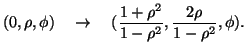 $\displaystyle (0,\rho,\phi)\quad \rightarrow \quad (\frac{1+\rho^2}{1-\rho^2},\frac{2\rho}{1-\rho^2},\phi).$